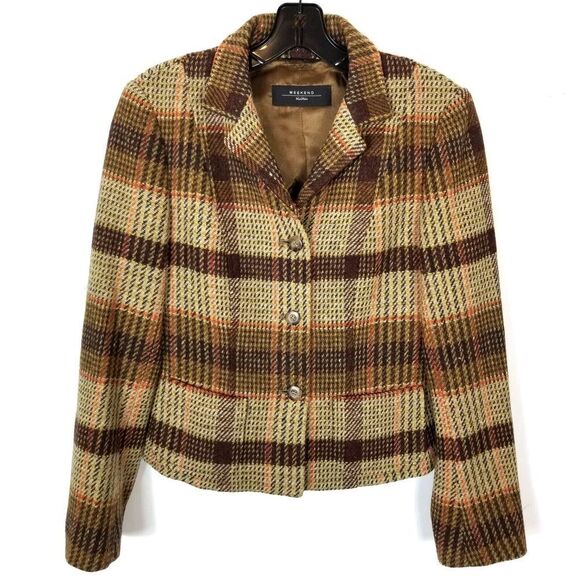 MaxMara Weekend Women 100% Virgin Wool Blazer Jacket Size US 6 Brown Plaid - Picture 1 of 10